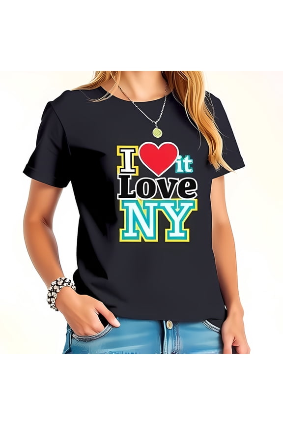 Stylish Cotton Short Sleeve T-Shirt with Retro 'I Love NY' Graphic Design and Vibrant Heart