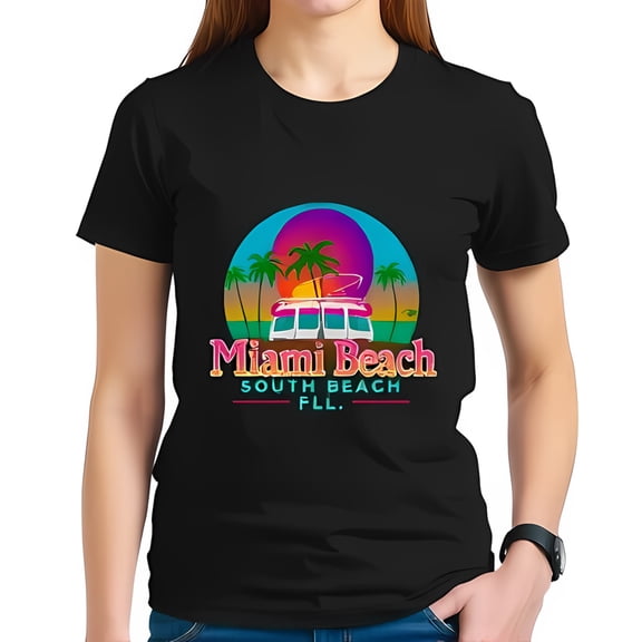Stylish Cotton Short Sleeve T-Shirt with Retro Miami Beach Graphic & Sunset Design