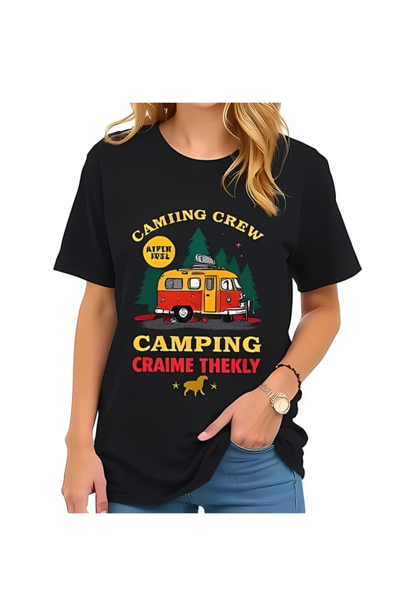 Stylish Cotton Short Sleeve T-Shirt with Retro Van Design 'Camping Crew' Graphics Dog Perfect for Outdoor Enthusiasts