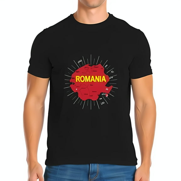 Stylish Cotton Short Sleeve T-Shirt with Romania Map Graphic Red Outline & Yellow 'ROMANIA' Text Casual Wear for National Pride