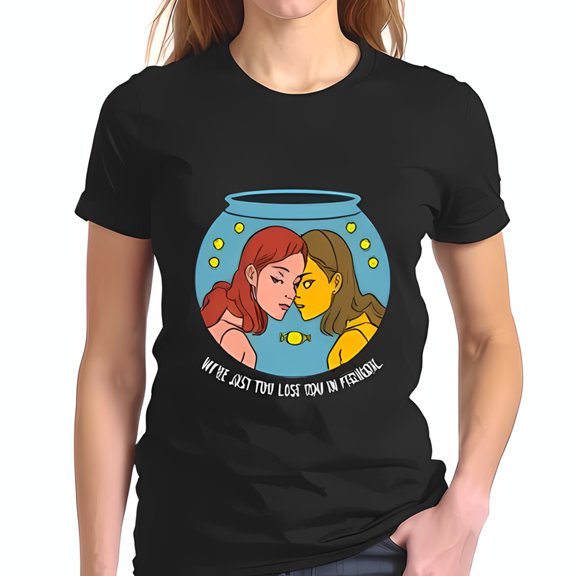 Stylish Cotton Short Sleeve T-Shirt with Serene Illustration of Two Women in Fishbowl Design - Unique Emotional Graphic Tee