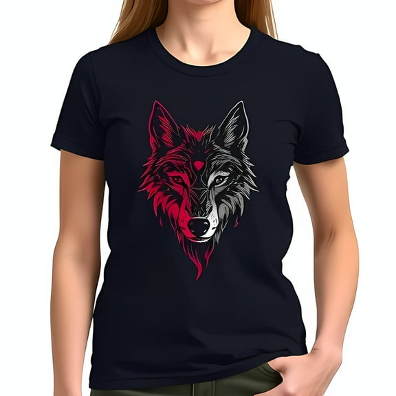 Stylish Cotton Short Sleeve T-Shirt with Striking Grayscale and Red Wolf Graphic Design - Edgy Fashion Statement