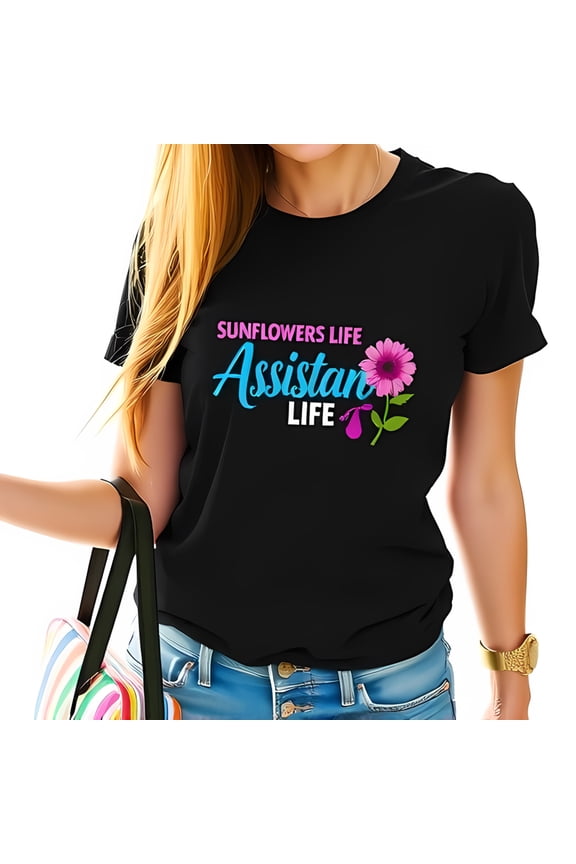 Stylish Cotton Short Sleeve T-Shirt with " Sunflowers Life Assistant Life " Design in and Pink Featuring Cheerful Daisy Graphic