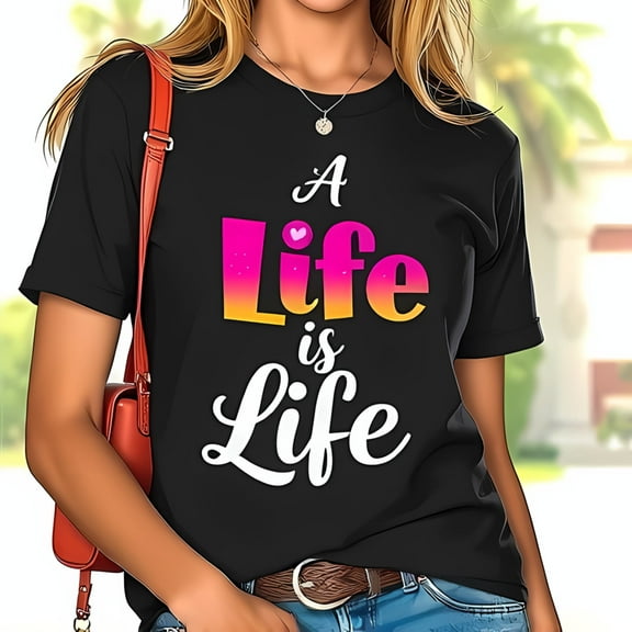 Stylish Cotton Short Sleeve T-Shirt with Vibrant 'A Life is Life' Gradient Design in Pink and Orange