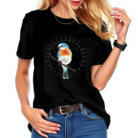 Stylish Cotton Short Sleeve T-Shirt with Vibrant Bluebird Illustration on Black Background - Nature - Inspired Graphic Tee for Trendy Fashion Lovers
