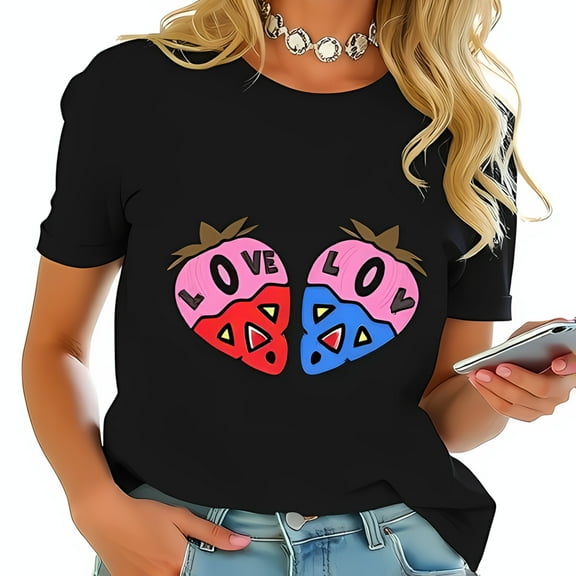 Stylish Cotton Short Sleeve T-Shirt with Vibrant Cartoon Strawberry LOVE Design - Trendy Casual Wear for Modern Lifestyle