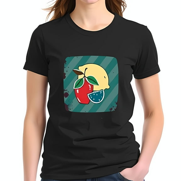 Stylish Cotton Short Sleeve T-Shirt with Vibrant Fruit Design - Red & Yellow Lemon on Green and Blue Stripes - Fresh & Fun Aesthetic