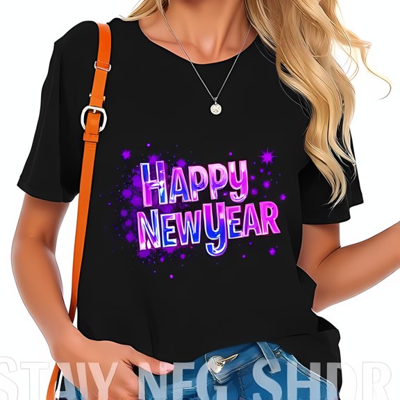 Stylish Cotton Short Sleeve T-Shirt with Vibrant 'Happy New Year' Graphic and Sparkling Stars Design