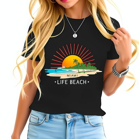 Stylish Cotton Short Sleeve T-Shirt with Vibrant Miami Beach Scene Sunset Trees & Sailboat Design