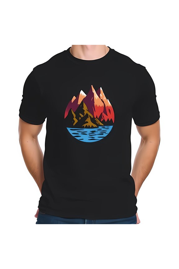 Stylish Cotton Short Sleeve T-Shirt with Vibrant Mountain Landscape -All-cotton