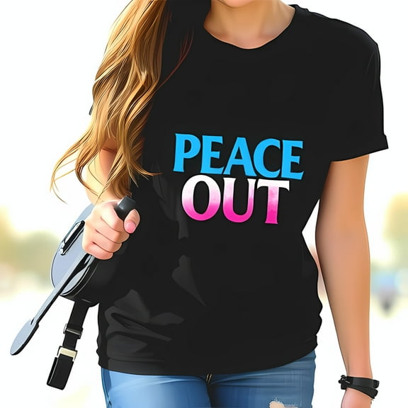 Stylish Cotton Short Sleeve T-Shirt with Vibrant " PEACE OUT " Print in Blue and Pink - Casual Vibe