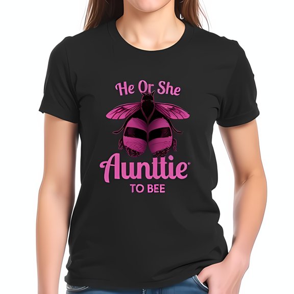 Stylish Cotton Short Sleeve T-Shirt with Vibrant Pink " He Or She Aunttie To Bee " Graphic and Whimsical Cartoon Bee Design