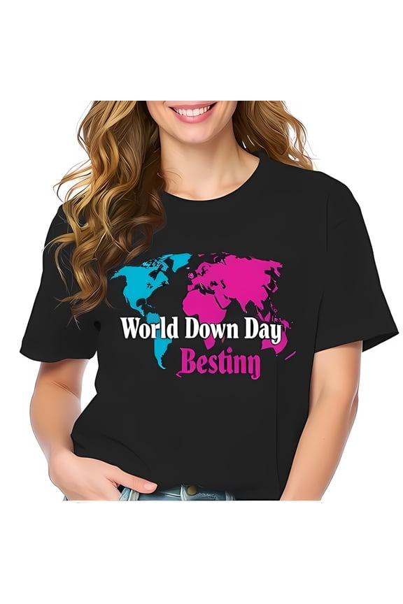 Stylish Cotton Short Sleeve T-Shirt with Vibrant World Map Design for World Down Day - " Bestiny " Graphic in Teal & Fuchsia
