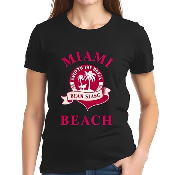 Stylish Cotton Short Sleeve T-Shirt with Vintage MIAMI BEACH Graphic Pink Trees & Bear