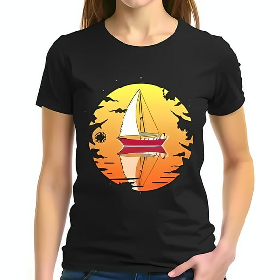 Stylish Cotton Short Sleeve T-Shirt with Vintage Sailboat Sunset Graphic Design - Relaxed Fit Theme
