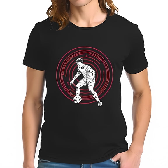 Stylish Cotton Short Sleeve T-Shirt with White Soccer Player Graphic in Red Maze Design - Modern Casual Wear