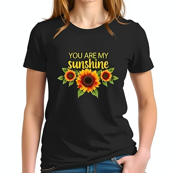 Stylish Cotton Short Sleeve T-Shirt with " YOU ARE MY SUNSHINE " in Yellow Typography Surrounded by Colorful Sunflowers - Perfect for Casual Outings