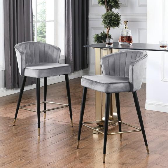 Stylish Counter Height Stool In Gray Velvet With Seat, Base, 22.49" W X 22.04" D 37.35" H Chic Upholstery, Deep Channel Tufting, Gold Accents, Gray,