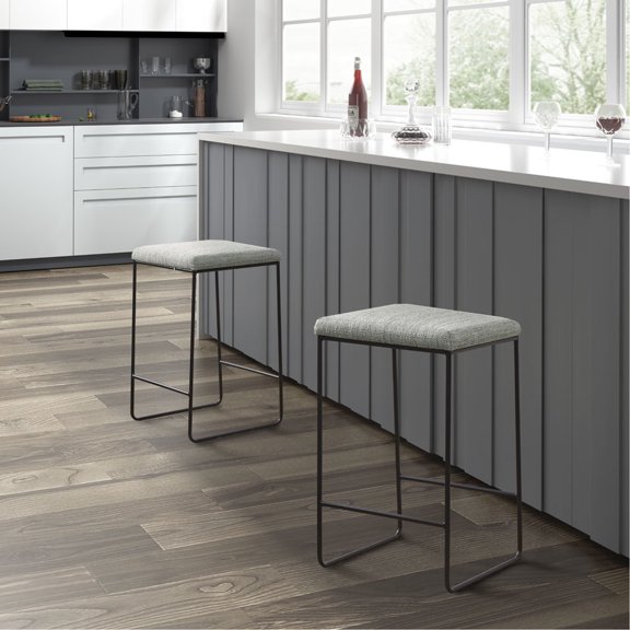 Stylish Counter Stool With Faux Linen Seat In Heathered Grey And Black Matte Metal Frame Footrest, No Assembly, For Fashionable Kitchen Stool, Upholstery, Frame, Assembly