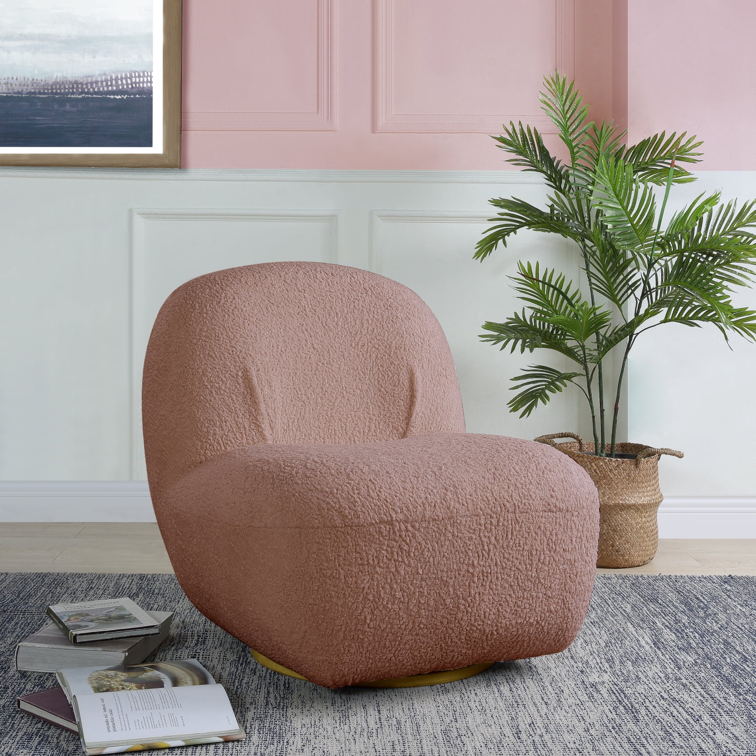 Swivel Luxe Accent Chair in Brown Polyester with Gold Legs