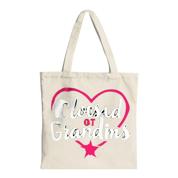 Stylish Cream Canvas Tote Bag with " Clocksad Of Grandmas " in Pink Cursive & Heart Design - Perfect for Shopping Travel & Parties