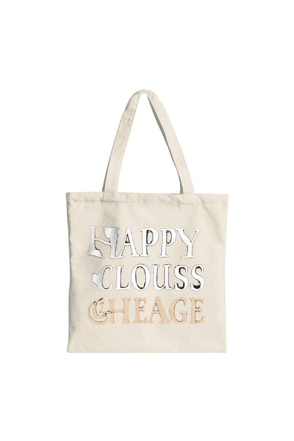 Stylish Cream Canvas Tote Bag with " HAPPY CLOUSS CHEAGE " in White & Orange NY Outline - Perfect for Shopping Travel & Parties