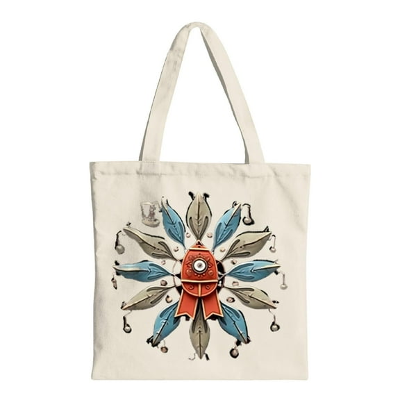 Stylish Cream Canvas Tote Bag with Red Ribbon Emblem Blue & Gray Fish Design Perfect for Shopping Travel & Parties