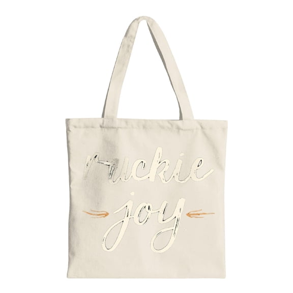Stylish Cream Canvas Tote Bag with ' Ruckie Joy ' in Cursive Black & White Text Orange Arrows - Perfect for Shopping Travel & Parties