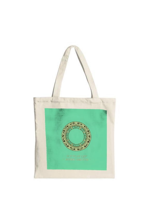 Stylish Cream Canvas Tote Bag with Turquoise Circular Pattern & Golden Text - Perfect for Shopping Travel and Parties