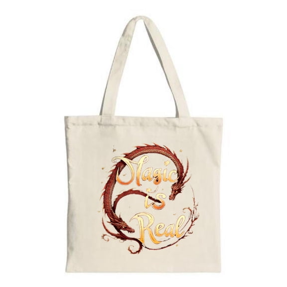 Stylish Cream Tote Bag & ' Magic is Real ' Text - Perfect for Shopping Travel & Parties - Reusable Canvas Bag