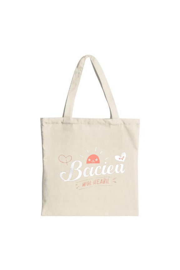 Stylish Cream Tote Bag with ' Bacieu ' in White Cursive Smiling Sun & Hearts Plus ' WOl HeabiL ' in Orange - Perfect for Shopping & Travel