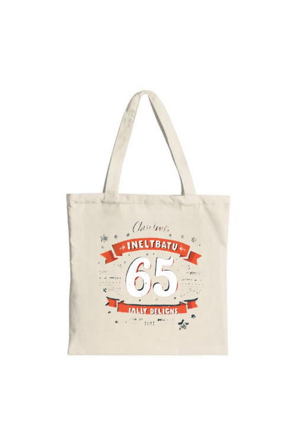 Stylish Cream Tote Bag with Bold ' 65 ' Design Decorative Banners ' Ciao ' s ' & ' Jolly Delights ' Perfect for Shopping & Travel