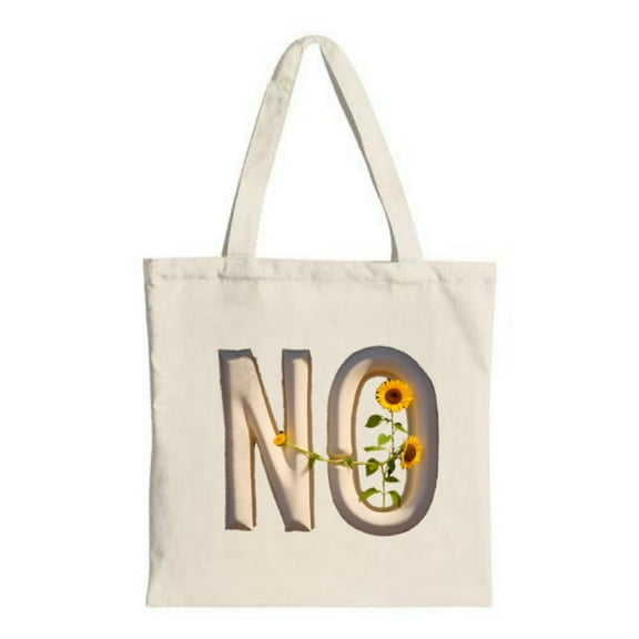 Stylish Cream Tote Bag with Bold ' NO ' Design & Sunflower Accents - Perfect for Shopping Travel & Parties - Reusable Canvas Bag