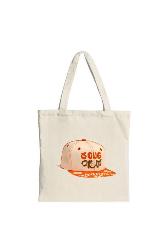 Stylish Cream Tote Bag with Bold ' SOUG ORIO ' Cap Design Orange Floral Patterns Perfect for Shopping Travel & Parties