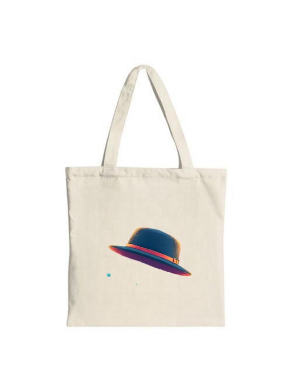 Stylish Cream Tote Bag with Colorful Hat Design - Blue Top & Red Band Perfect for Shopping Travel and Parties