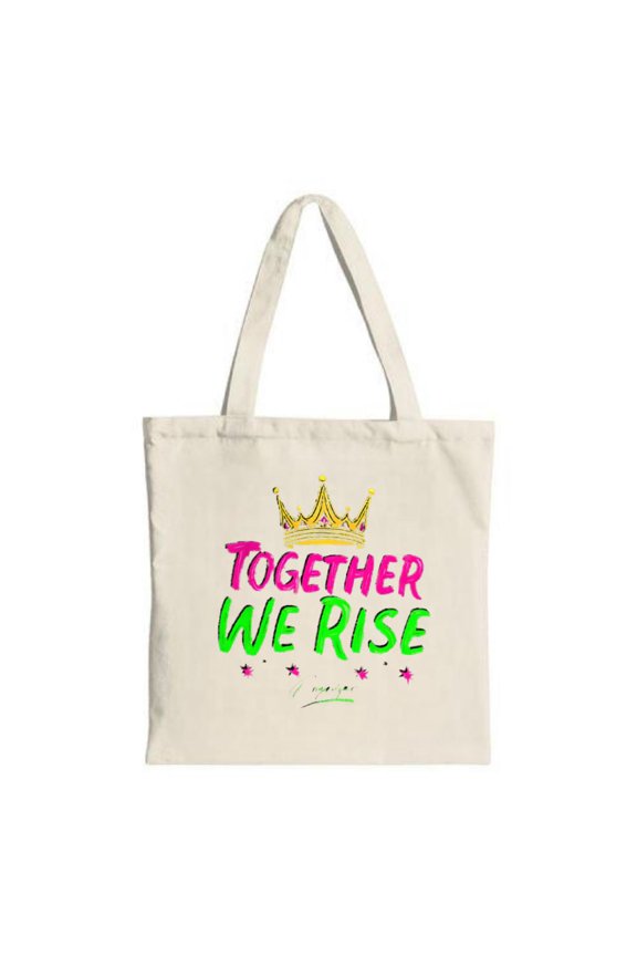 Stylish Cream Tote Bag with Colorful ' TOGETHER WE RISE ' Design Crown & Pink Stars - Perfect for Shopping Travel & Parties