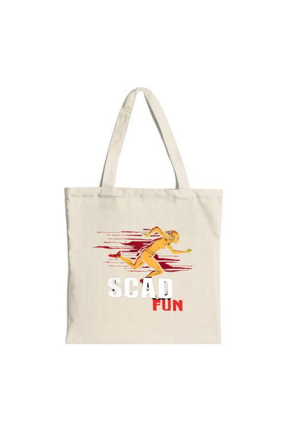 Stylish Cream Tote Bag with Dynamic Red & Yellow Running Illustration Bold ' SCAD FUN ' Text Perfect for Shopping & Travel