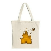 Stylish Cream Tote Bag with Golden Castle Design Perfect for Shopping Travel & Parties - Multifunctional Canvas Bag