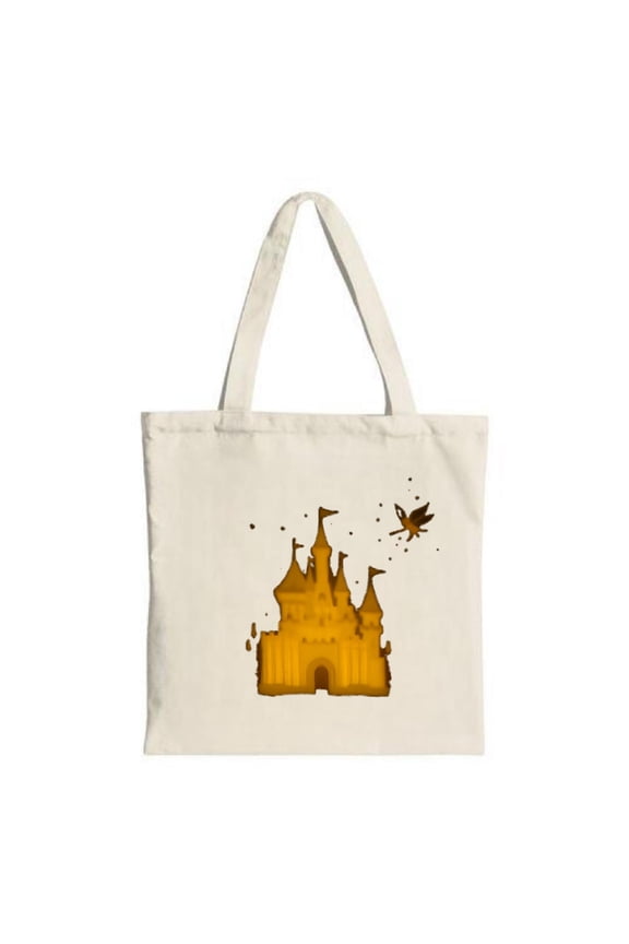 Stylish Cream Tote Bag with Golden Castle Design Perfect for Shopping Travel & Parties - Multifunctional Canvas Bag
