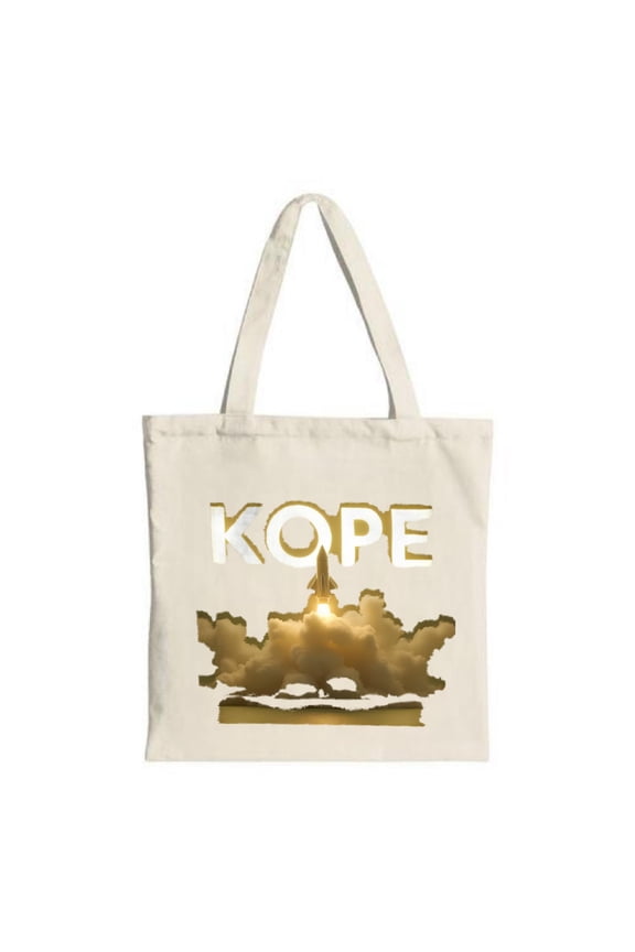 Stylish Cream Tote Bag with ' KOPE ' in Bold Letters & Artistic Rocket Design Perfect for Shopping Travel & Parties