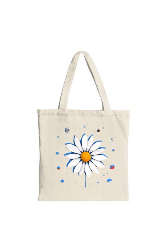Stylish Cream Tote Bag with Large Daisy Design Colorful Abstract Shapes Perfect for Shopping Travel and Parties