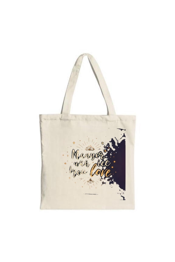 Stylish Cream Tote Bag with " Ma mão é o que me ama " in elegant font adorned with stars and a butterfly perfect for shopping and travel