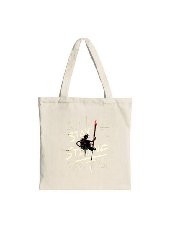 Stylish Cream Tote Bag with Playful Monkey Illustration & ' STAY STRONG ' Text - Perfect for Shopping Travel & Parties