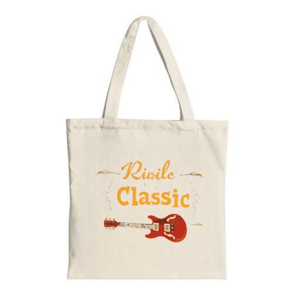 Stylish Cream Tote Bag with Red Electric Guitar Graphic & ' Riwile Classic ' Cursive Text - Perfect for Shopping Travel & Parties