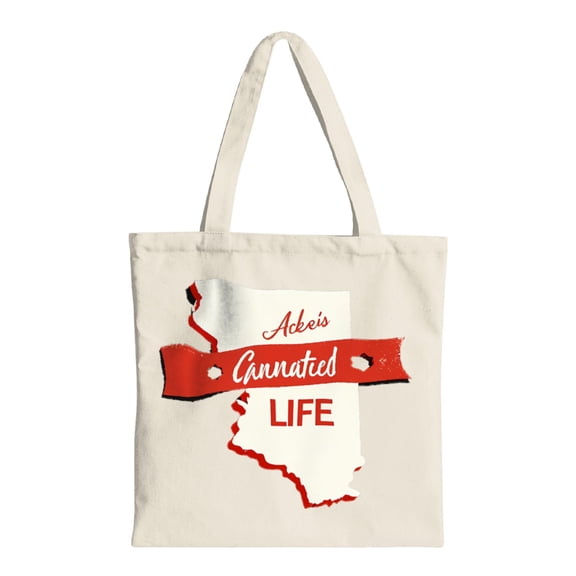 Stylish Cream Tote Bag with Red Ribbon Design & " Ack ' s Gunned LIFE " Text - Perfect Reusable Canvas Bag for Shopping Travel & Parties