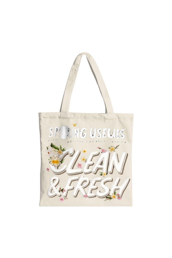 Stylish Cream Tote Bag with " SPRING USULES " & " CLEAN & FRESH " Text Surrounded by Colorful Flowers - Perfect for Shopping Travel & Parties
