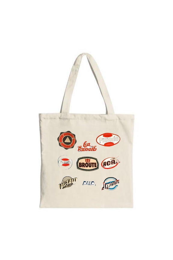 Stylish Cream Tote Bag with Vibrant Logos: Rambla Roux & More - Perfect for Shopping Travel & Parties