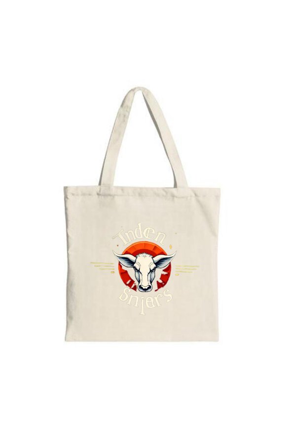 Stylish Cream Tote Bag with White Goat Graphic on Red Circle " Inden Smer ' s " Text Perfect for Shopping Travel & Parties