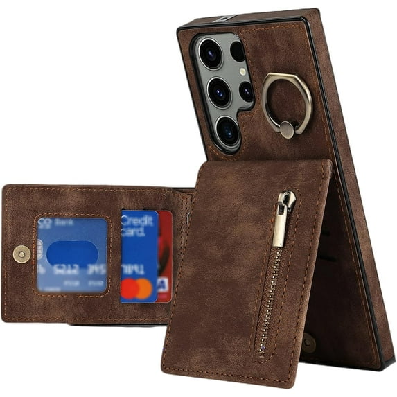 Stylish Creative Finger Ring Leather Phone Case for Samsung Galaxy S21 S20 Ultra Plus FE Lite Classic Wallet Design Card Slots Function Shockproof Protector Shell(Brown,S20 FE)