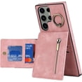 thumbnail image 1 of Stylish Creative Finger Ring Leather Phone Case for Samsung Galaxy S21 S20 Ultra Plus FE Lite Classic Wallet Design Card Slots Function Shockproof Protector Shell(Pink,S21 FE), 1 of 8
